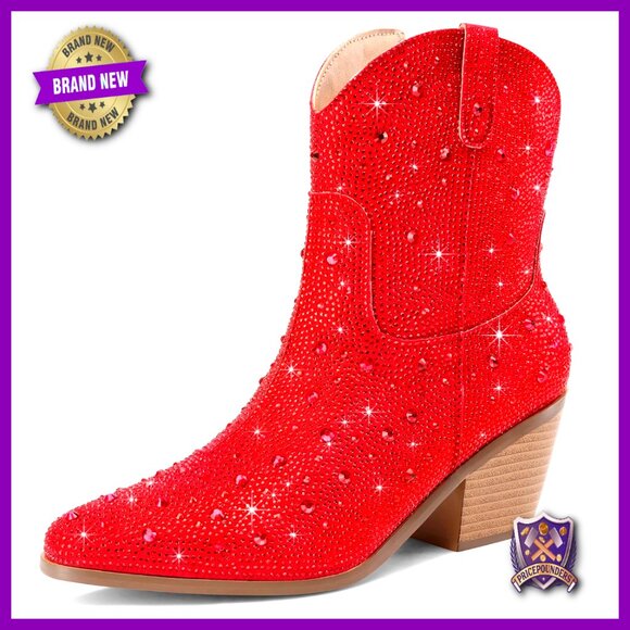 Shoes - Rhinestone Cowgirl Ankle Boots Chunky Heel Western Fashion Comfortable Side